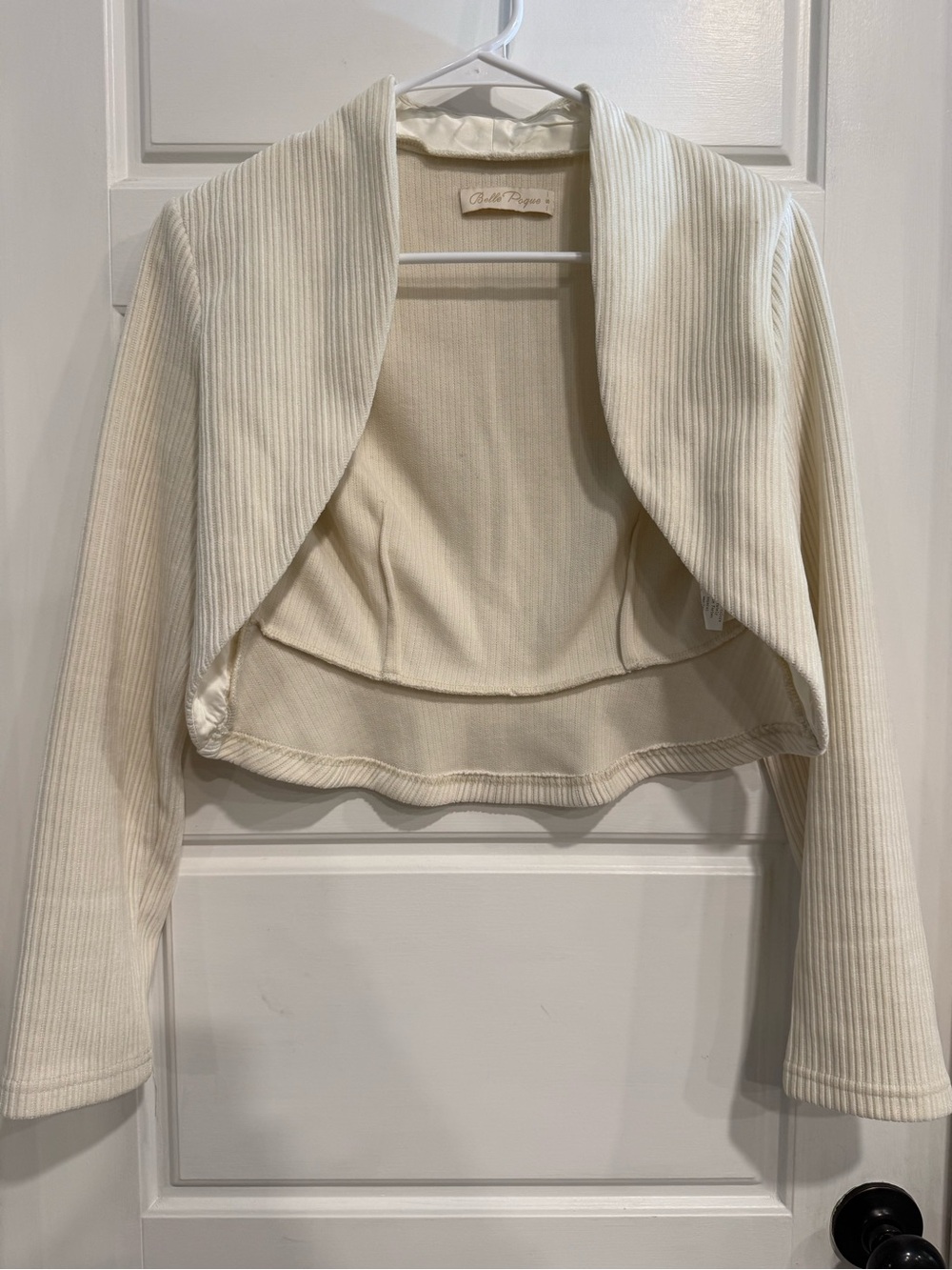 Belle Poque Ivory Ribbed Knit Open Front Cropped Bolero Shrug Cardigan Small